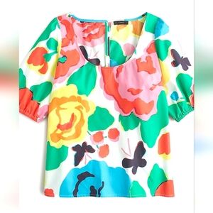 J Crew Puff Sleeve Cotton Ratti Jardin Floral Top, Size 00